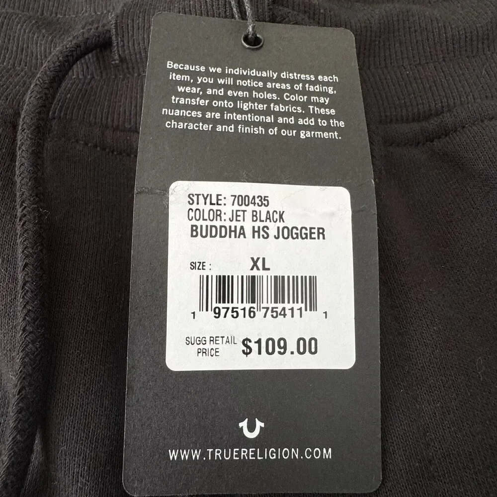 True Religion Buddha Joggers Men XL Black Logo Stitch Ankle Cuff Taper NWT